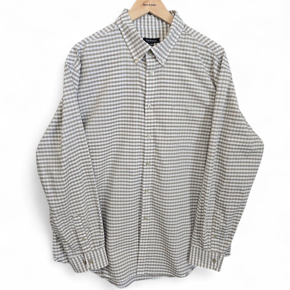 Van Heusen Shirt Mens XL 17-17.5 Beige Button Down Gingham Check Career Casual